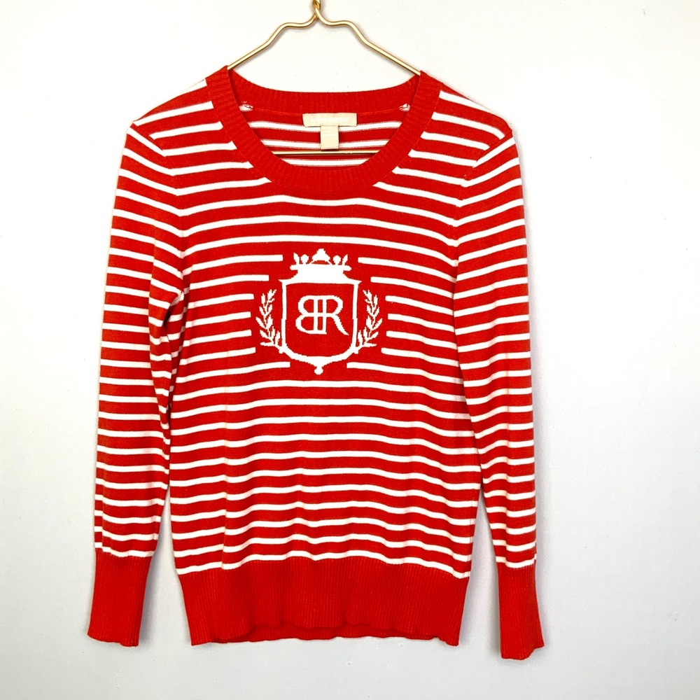 Banana Republic XS Red White Striped BR Logo Crest Cotton Sweater Heritage RARE